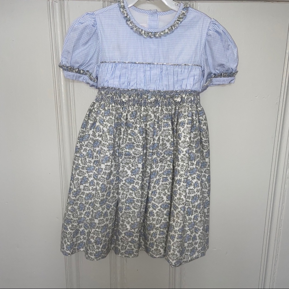Alice Kathleen blue gingham/floral Smocked yoke Dress